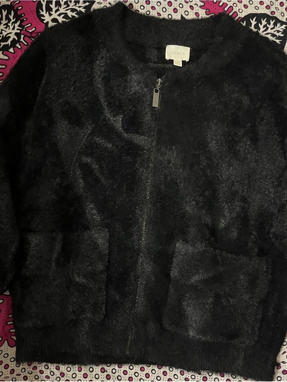 Cyrus Black Fuzzy Zip-Up Jacket – Size S